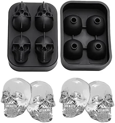 Produktbild von 3D Totenkopf Silikon Eiswürfelformen mit Mini-Trichter, vier riesige Totenköpfe für Eiswürfel in Formen zum Kühlen von Bourbon, Whiskey, Cocktails, Schokolade, Getränken, etc, Schwarz 2 Stück