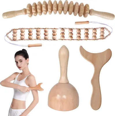 Produktbild von 4 Massagewerkzeuge aus Holz, Massager aus Buchenholz, Guasha-Werkzeuge zur Schmerzlinderung, gebogener Holzmassager zur Körperkonturierung, zur Lymphdrainage