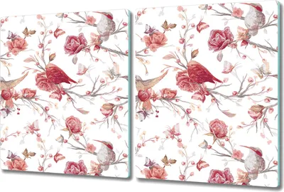 Produktbild von Glas-Herdabdeckplatte Glaskeramikkochfeld-Abdeckung Spritzschutz - 2x 40x52 cm - Rote Vögel & Rosen