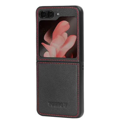 Image de TORRO Galaxy Z Flip6 / Z Flip7 Housse en cuir - Noir avec détails rouges