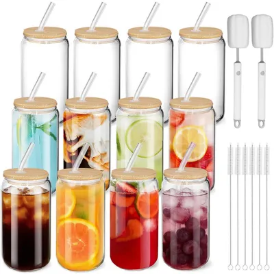 Produktbild von Trinkgläser Set 12 Stück 470ml Dosenform Borosilikatglas mit Deckel und Strohhalm
