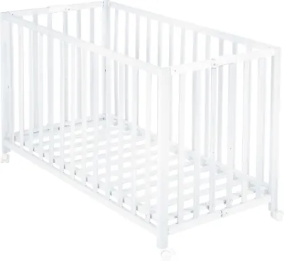 A white wooden crib with a slatted design and wheels.