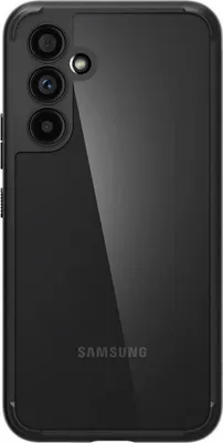 The back of a black Samsung smartphone case is shown against a white background.