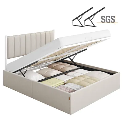 Produktbild von VASAGLE Bettgestell, 160 x 200 cm, hochklappbar Lattenrost, Stauraum unter dem Bett, mit Kopfteil, beige