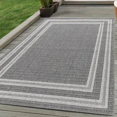 Produktbild von In & Outdoor Teppich Bordüre Design Wetterfest für Terrasse Balkon Küche, Farbe:Grau, Grösse:200x290 cm