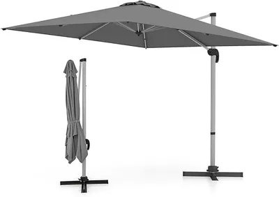A grey rectangular cantilever umbrella is shown in two states: open and closed. The open umbrella is angled, showing its canopy and support structure. The closed umbrella is standing upright next to it.