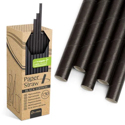 Produktbild von Trinkhalme aus Pappe Schwarz 4,5 mm 19 cm - Biegbar - Strohhalme Papierstrohhalme - 150 Stück - Milchshake - 100 % kompostierbar - Papierstrohhalme