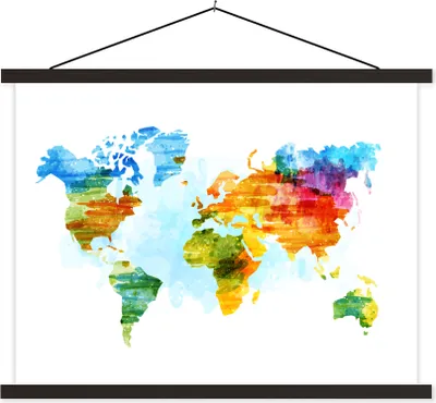 Produktbild von MuchoWow® Textilposter Weltkarte - Wasserfarben 150x113 cm mit schwarzem Rahmen - Wohnzimmer