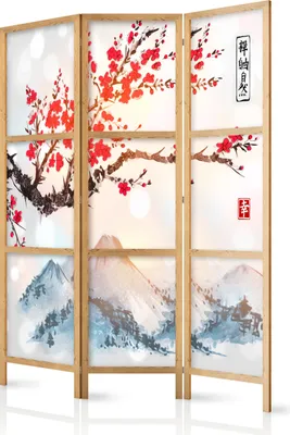 Produktbild von Paravent Kirschblüte Gebirge 135x171 cm 3-teilig einseitig eleganter Sichtschutz Raumteiler Trennwand Raumtrenner Holz Design Motiv Deko Home Office Japan p-B-0002-z-b
