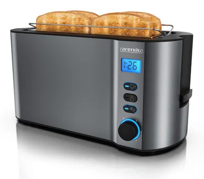 Zdjęcie produktu dla Toster Arendo na 4 kromki, toster z długą szczeliną, długa szczelina, stal nierdzewna, 1500 W, wyświetlacz ze wskaźnikiem pozostałego czasu, stojak na bułki, funkcja rozmrażania, obudowa termoizolacyjna, szary