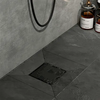 Zdjęcie produktu dla EMKE odpływ podłogowy ze stali nierdzewnej narożny 152 x 152 mm czarny matowy zestaw odpływowy z syfonem i sitkiem do włosów, zestaw otworów odpływowych odpływu prysznicowego
