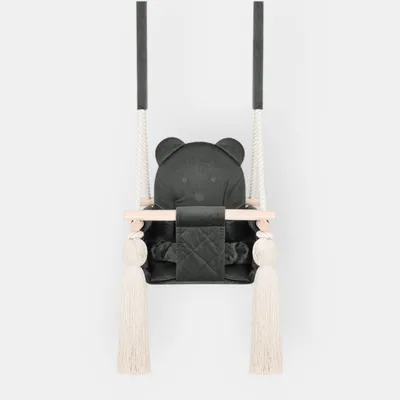 Image de Balançoire Bébé d’Intérieur en Velours Gris Foncé – Pour Bébés et Jeunes Enfants – Harnais de Sécurité, Design Ourson, Cadre en Bois – Fabriqué dans l