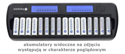 A battery charger with multiple AA and AAA batteries inserted, displayed on a white background.