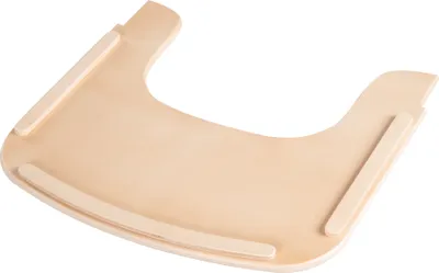 A wooden tray designed to attach to a high chair.