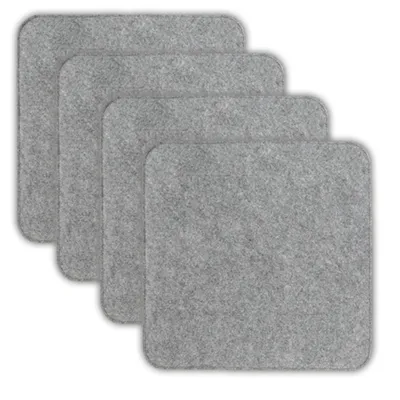 Four gray square felt coasters are stacked on a white background.