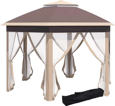 Produktbild von Gartenpavillon Faltpavillon 4X4M Pop-Up-Zelt Mit Tragetasche, 6 Seitenteile, Doppeldach, Sechseckig, Beige+Khaki