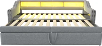 Produktbild von Merax Polsterbett Tagesbett Ausziehbar 90/180x200cm mit Ablagefächern, Schlafsofa Einzelbett mit LED und USB, Lattenrost, Leinen, Gästezimmer, Grau