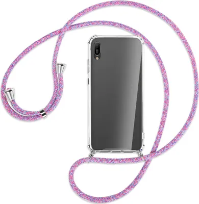 Produktbild von Handykette Backcover-Schutzhülle mit Band (Metall silberfarben) für Huawei Y6 2019 - lila/rosa/blau