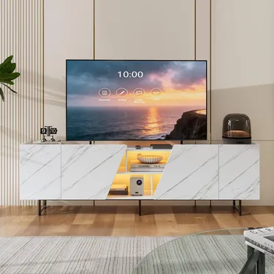 Produktbild von Minimalistischer TV-Ständer mit Marmortüren und Metallgestell – 220 x 34,5 x 67,7 cm, Weiß