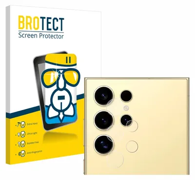 A product packaging for a screen protector and a close-up of a smartphone camera lens with the screen protectors applied.