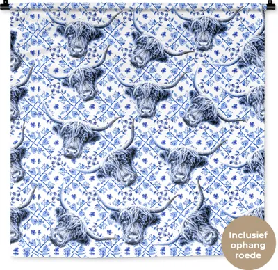 Produktbild von MuchoWow® Wandteppich Wandbehang Schottisches Hochlandrind - Kuh - Delfter Blau 90x90 cm Tapisserie Dekoration Wandtuch - Wandaufhänger