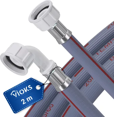 Close-up of two washing machine hoses with connectors, one straight and one angled, with a product tag.