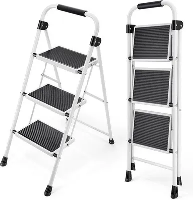 Produktbild von Ibenzoa® 3‑stufige Trittleiter – klappbare, platzsparende Haushaltsleiter (weiß), Stahl, 150 kg, mit Handläufen & Schaumstoffgriff, breite Antirutsch‑Stufen