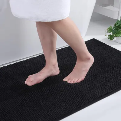 Produktbild von Badezimmerteppich Chenille rutschfest waschbar 50x80 cm Schwarz