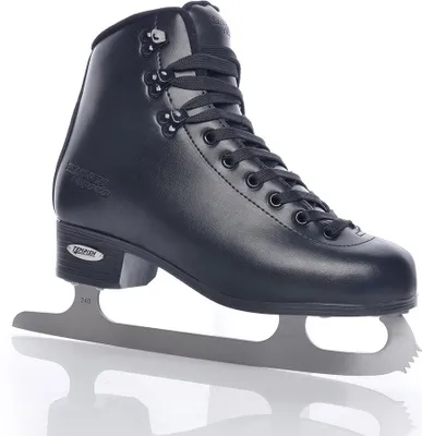 A black ice skate is shown against a white background.