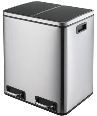 Image de Poubelle de cuisine - Pédale double compartiment - Acier inoxydable - Couvercle à fermeture douce - Anti-traces de doigts - 2 x 15 L, 30 L - Argent