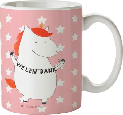 Produktbild von Mr. & Mrs. Panda Kaffeetasse Einhorn Dankeschön - Rot Pastell - Geschenk, Unicorn, Trinkbecher, Danksagung, Vielen Dank, Einhörner, Becher, Teetasse, Danke, Kaffeebecher