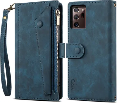 Image de Etui de protection pour Samsung Galaxy Note 20 Ultra/Note 20 Ultra 5G, étui en cuir zippé, portefeuille pliable avec fente pour cartes, support et sangle bleu