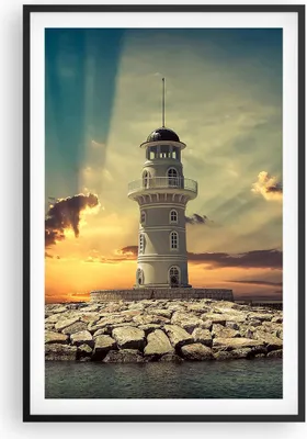 Produktbild von Gerahmtes Poster - Schwarzer Rahmen - Leuchtturm Wasser Meer Steine - 61x91,5 cm - Wand Bild - Wanddeko - Wandbilder - Wandposter - Bilderrahmen - Bilder - Kunstdruck - Wandbild - P2BPA61x91-2895