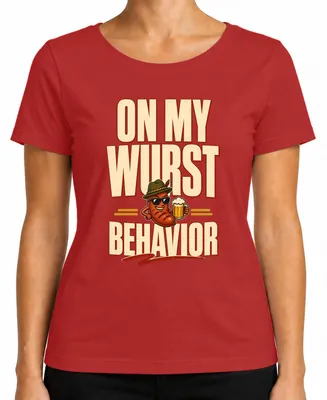 Imagen del producto de Camiseta para mujer "On My Wurst Behavior" con motivos de , diseño de traje tradicional bávaro, color rojo, talla XL