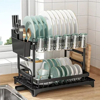 Produktbild von PolkaHome® 2-stöckiges Abtropfgestell Schwarz, Geschirrständer mit Abtropfschale, Besteckkorb, Tassenhalter und Schneidebrettablage,