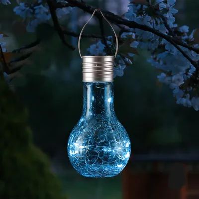 Produktbild von LED Solar Glühbirne CRACKLE GLOW - warmweiße LED Drahtlichterkette - H: 17cm - Lichtsensor - blau
