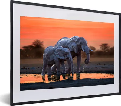 Produktbild von MuchoWow® MuchoWow® Gerahmtes Poster Elefant - Tiere - Sonnenuntergang - Wasser - Orange 60x40 cm - Poster mit zchwarzem Bilderrahmen - Schlafzimmer - Plakat in Rahmen - Drucken