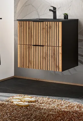 Produktbild von MONTIERT Design Badmöbel Set XILO 60 cm mit Waschbecken schwarz LED Soft-Close Waschtisch