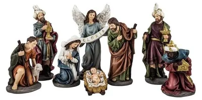 Krippenfiguren-Set, 8-teilig, handbemalt, Harz, 22 cm