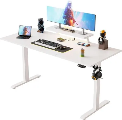 Produktbild von Höhenverstellbarer Schreibtisch mit verstellbarem Monitorständer | Schreibtisch elektrisch 100 x 60 cm mit LED-Beleuchtung, USB-Steckdose, 2 Speicherplätzen, Homeoffice, Weiß