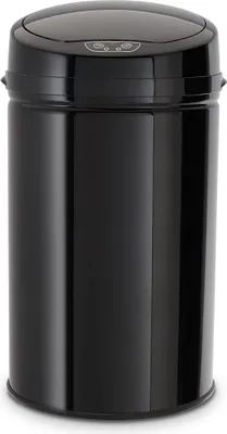 A black automatic trash can with a sensor lid.