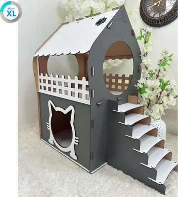 Produktbild von MDF Katzenhaus in Anthrazit & Weiß – Zweistöckig – In 3 Größen (XL, XXL, 3XL) – Werkzeugloser Aufbau : XL