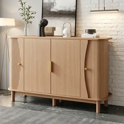 Productafbeelding van MODFU Moderne dressoir met afgeronde hoeken, keukenkast met rolluiken, bijzettafel met 2 schuifdeuren, 140x40x88 cm, naturel