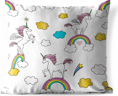 Produktbild von MuchoWow® Outdoor Kissen - Eine Illustration von Einhörnern auf Regenbögen - Mädchen - Kinder - Kinder - 50x50 cm - Wetterfest - Lounge Kissen - Komfortabel - Kissen mit Bild
