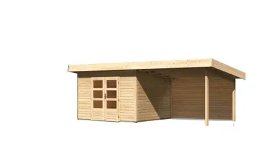 Productafbeelding van Tuinhuis Northeim, kleur: terragrond, set met een uitbouwdak. Breedte: 3,3 meter, achterwand: 28 mm