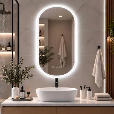 Productafbeelding van WISFOR LED badspiegel, ovaal, 50x100 cm, met anti-condensfunctie, dimbaar, 3 lichtkleuren, bediening via touchpaneel en geheugenfunctie