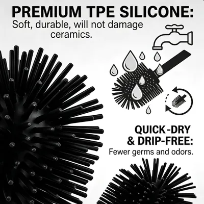 Image de Ensemble de brosses pour toilettes en silicone, comprenant 4 pièces, avec des manches en acier inoxydable, de couleur noire, pour la salle de bain