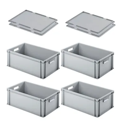 Produktbild von SuperSparSet 4x Eurobehälter mit offenem Griff & Auflagedeckel | HxBxT 22x40x60cm | 38 Liter | Grau | Eurobox, Transportbox, Transportbehälter, Stapelbehälter