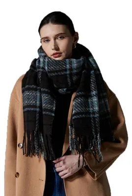 Produktbild von XXL Schal Damen Klassisch Streifen Herbst Winter Warme Lange Stola Mit Quasten Blaues Gitter 200x70 cm 100% Viskosefaser