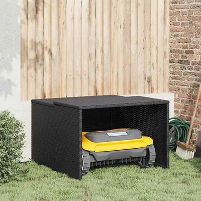 Imagen del producto de Garaje para cortacésped robótico fabricado en polirratán, refugio para robots cortacésped, cobertizo resistente a la intemperie para cortacéspedes robóticos, 86x90x52/57 cm, color negro